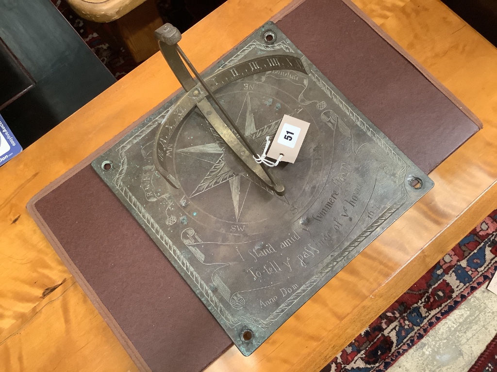 A 17th century style engraved brass sundial, width 30cm, depth 31cm, height 20cm